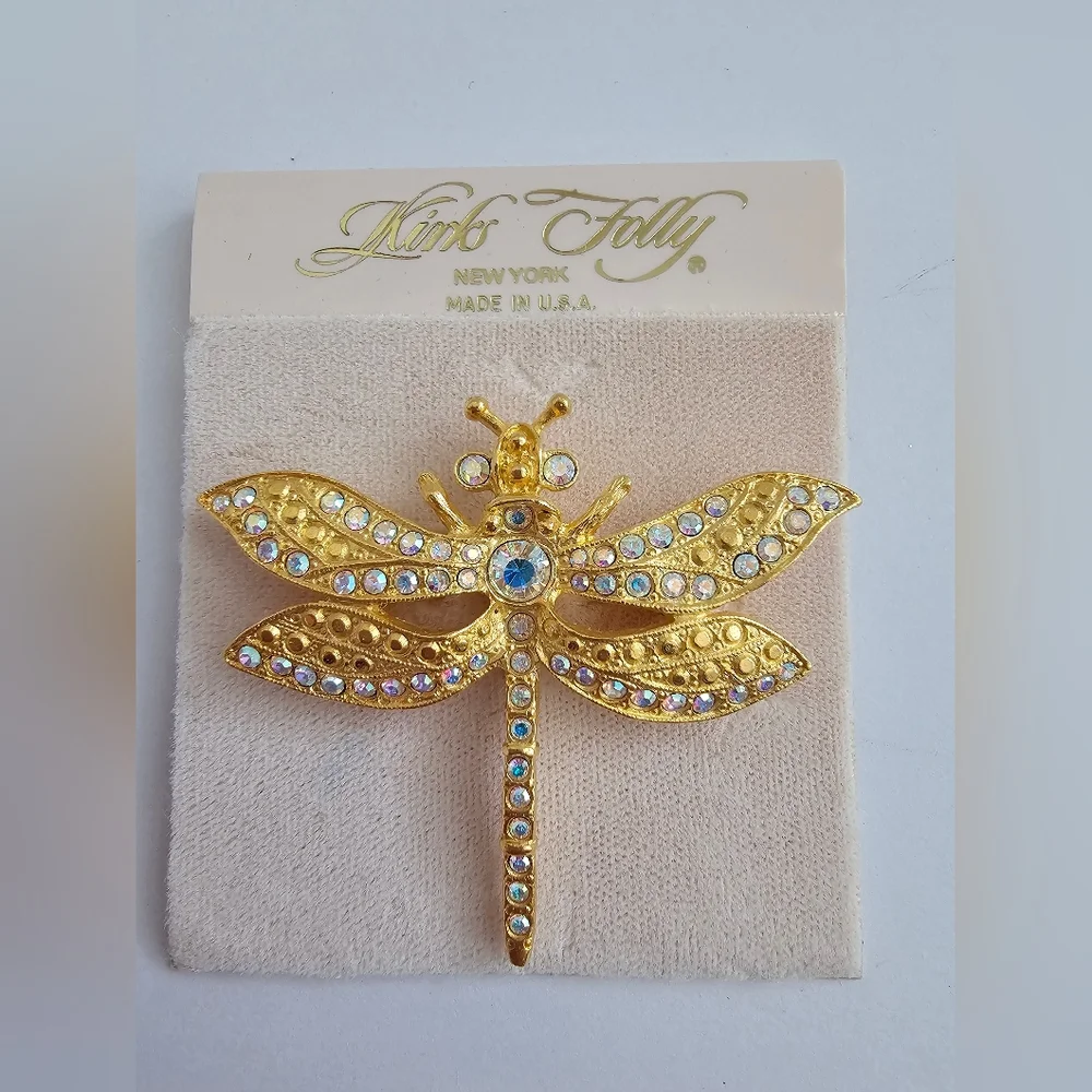 Vintage Kirks Folly Dragonfly Garden Brooch – AB Crystals Gold Tone Signed Rare